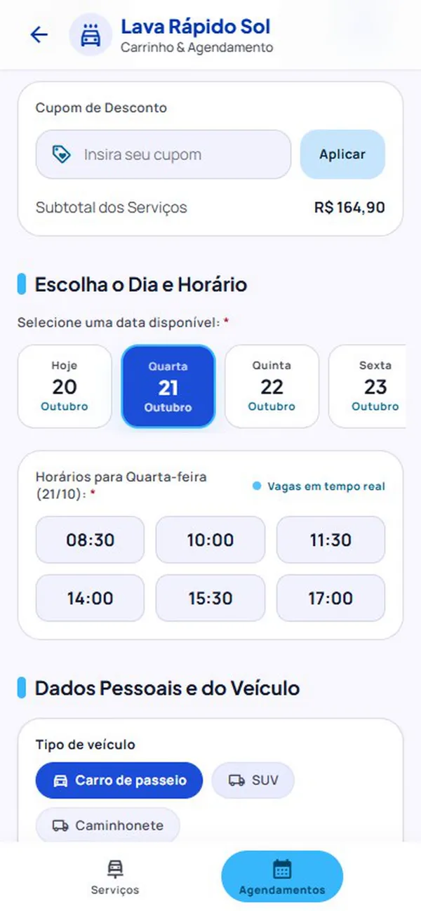 Escolha de dia e horário com vagas em tempo real