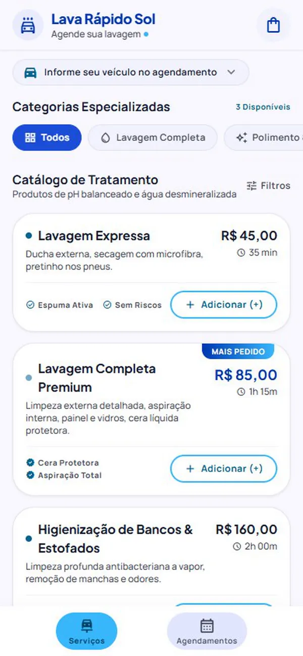 Catálogo de serviços do lava-jato no celular do cliente