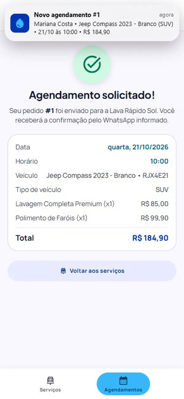 Aviso de novo agendamento chegando no celular da empresa