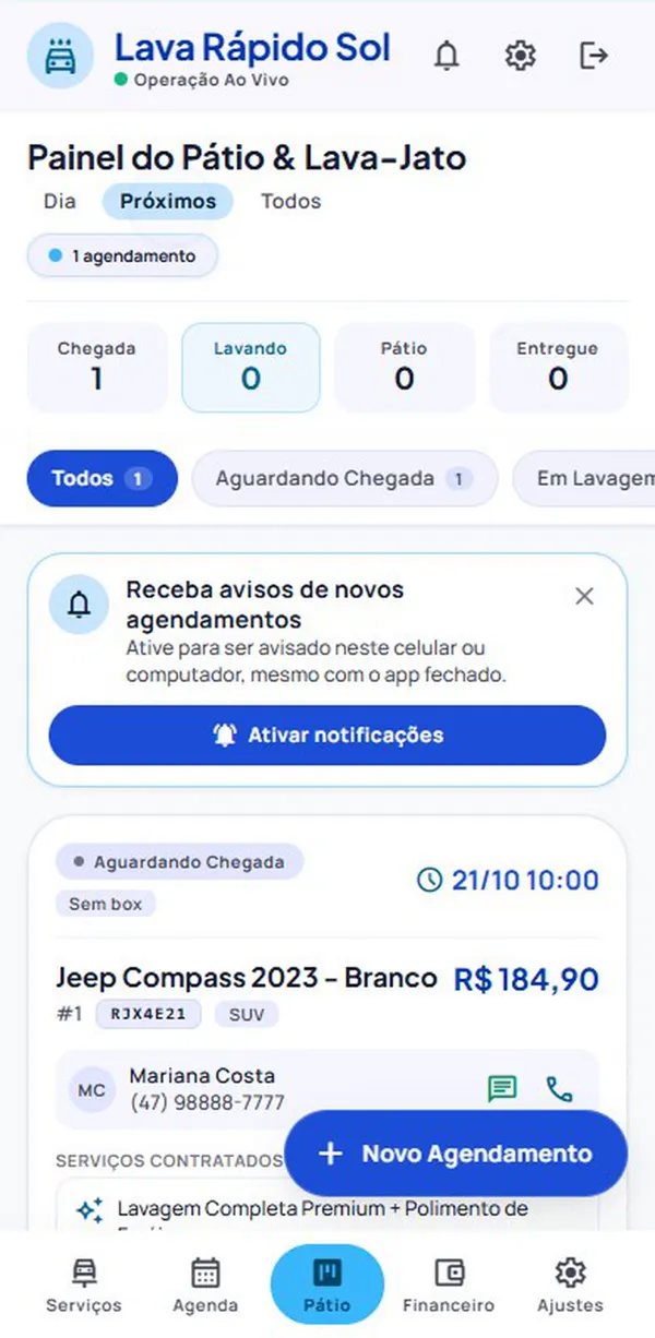 Painel do pátio com carros aguardando, lavando, no pátio e entregues