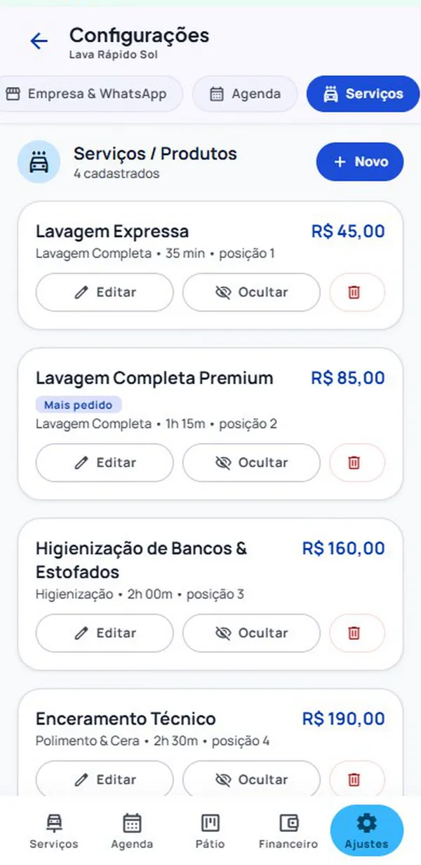 Configurações com cadastro de serviços e produtos